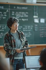 Poster - Woman standing in front of a blackboard holding a tablet, educational setting
