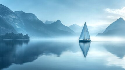 Wall Mural - Sailboat on a Misty Lake