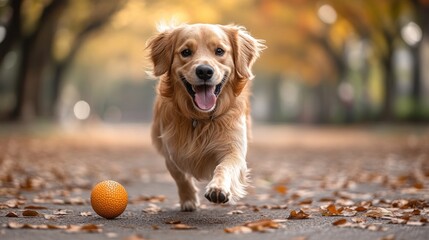 Wall Mural - Golden Retriever Running Towards Camera in Autumn