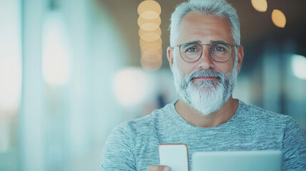 Poster - Smiling man holding a phone and laptop.