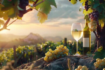 Poster - A bottle of wine and a glass sitting on a rocky surface