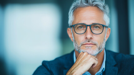 A confident man with gray hair and a beard, wearing glasses and a suit jacket, looks directly at the camera.