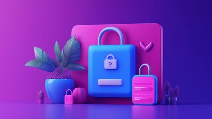 Poster - Login and password concept 3D illustration. Icon composition with site interface with secure login form for personal online account or social media profile. Vector illustration for modern web design