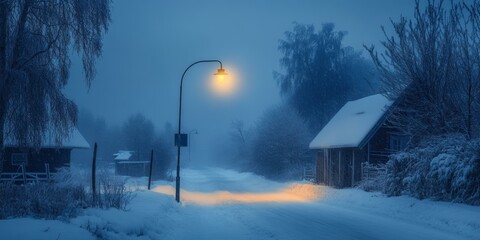 Sticker - Snowy winter scene with a lit street lamp.