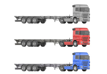 A mock-up of a flatbed truck on a white background for vehicle branding, corporate identity. The camera is located at the horizon level. 3d illustration. Orthographic (equiangular) view.