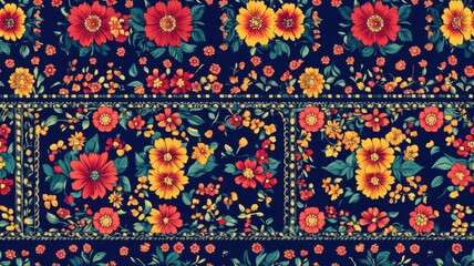 seamless pattern, Vibrant floral pattern featuring colorful blooms on a dark background, perfect for textiles and decorative designs.