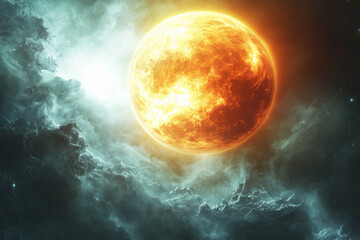 Poster - A futuristic depiction of an exoplanet orbiting a distant star,