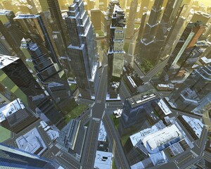 Wall Mural - Skyscrapers in a modern city from a flight height, 3D rendering