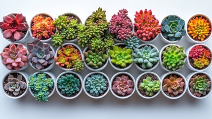 Array of colorful succulents in white pots arranged neatly.