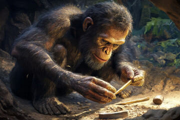 Poster - An artistic rendering of Homo habilis using primitive tools,