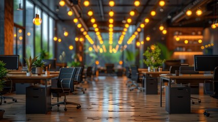 Wall Mural - a modern open office space with wooden floors, ergonomic chairs, and computer workstations, lit by w