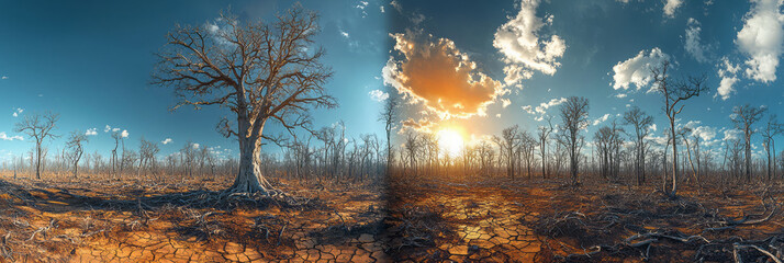 A drought-stricken landscape with cracked earth and dying trees, contrasting with a distant forest still thriving,