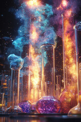 Poster - A detailed image of a laboratory filled with glass beakers and test tubes,