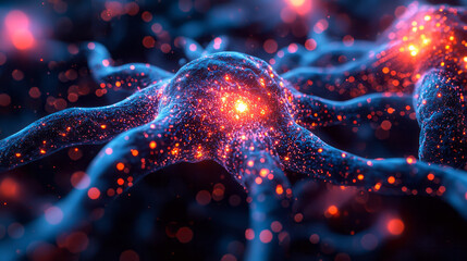 A detailed visualization of a human brain with glowing neural connections, showing vibrant neural pathways firing in an intricate web of activity,