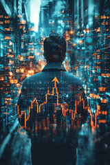 Aufkleber - A person in a modern office environment, surrounded by digital graphs and charts,