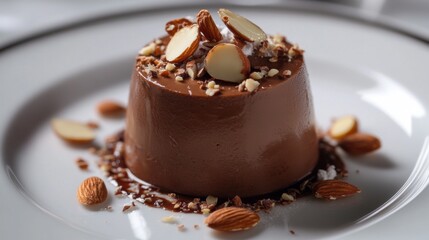 Poster - A beautifully arranged almond and chocolate dessert, with almonds sprinkled on top of a rich, creamy chocolate mousse, set on a clean, elegant plate.