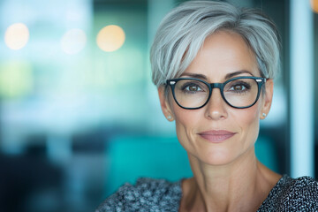 Wall Mural - Close up portrait of a confident woman wearing glasses.