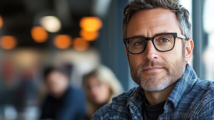 Wall Mural - A close-up portrait of a middle-aged man with glasses, sporting a casual outfit and bearded look, seated in a relaxed indoor environment with blurred background