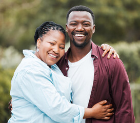 Poster - Senior mother, black man and portrait in garden with hug, care and bonding for connection, love or smile outdoor. African family, people and happy in backyard with mom, embrace and reunion in Kenya