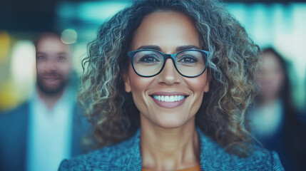 Sticker - Smiling businesswoman with curly hair looking at the camera.