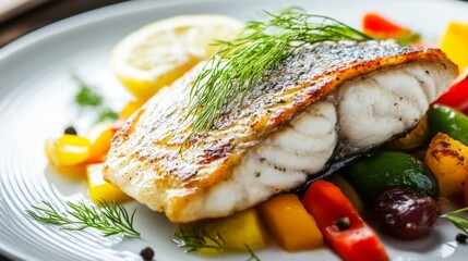 Wall Mural - A beautifully plated fish steak with a garnish of dill and a slice of lemon, accompanied by a colorful medley of seasonal vegetables.