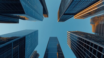 Wall Mural - Low-angle view of modern skyscrapers with reflective glass facades against a clear blue sky, creating a dramatic urban cityscape