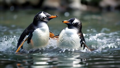 Wall Mural - Gentoo penguins playfully splashing in crystal-clear water