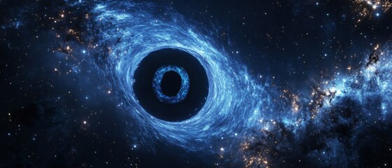Wall Mural - black hole over star field in outer space, abstract space wallpaper with form of letter o and sparks