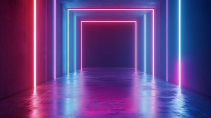 Canvas Print - A futuristic corridor illuminated by vibrant neon lights, creating a surreal and immersive atmosphere.