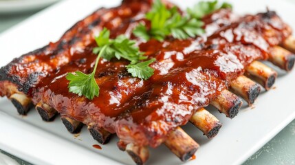 Wall Mural - A beautifully presented rack of grilled pork ribs on a white plate, dripping with barbecue sauce and garnished with fresh parsley for a finishing touch.