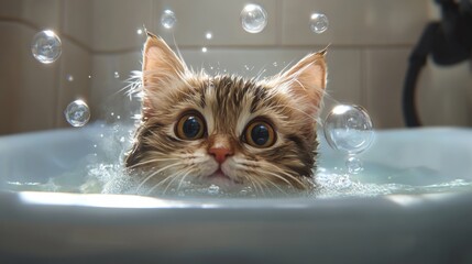 Poster - A cat playfully chasing bubbles in a bathtub with a small amount of water, its wet fur and focused expression adding to its cuteness.