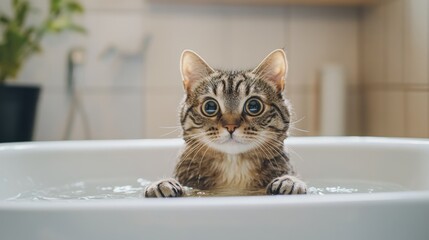 Poster - A cat sitting in a bathtub filled with a little water, gently patting the surface with its paws, looking adorable and curious