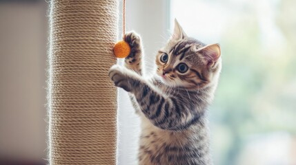 Poster - A cat perched on a scratching post, playfully engaging with a dangling toy, with its tail and paws in mid-motion, capturing the action and fun.