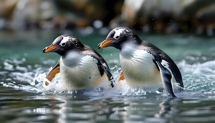 Wall Mural - Gentoo penguins playfully splashing in crystal-clear water