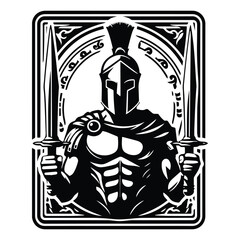 sparta male with tarot card in black and white illustrations, cutout graphic