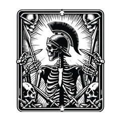 sparta skeleton with tarot card in black and white illustrations, cutout graphic