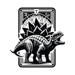 Stegosaurus with tarot card in black and white illustrations, cutout graphic