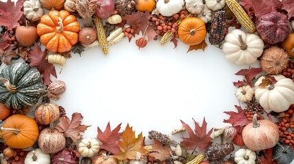 Canvas Print - A decorative border featuring various pumpkins, gourds, and autumn leaves, ideal for seasonal themes.