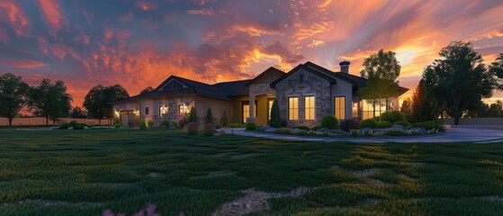 A home at sunset with a lawn