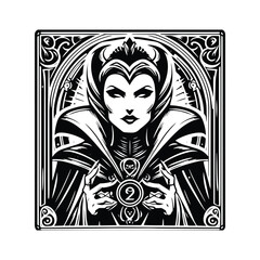 villain queen inside tarot card in black and white illustrations, cutout graphic