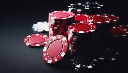  Red and black poker chips stacked on a dark background with dramatic lighting..Concept: High-stakes poker game, tension, risk, strategy, casino atmosphere.