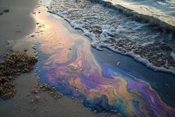 A vibrant oil slick on a sandy beach, reflecting stunning colors as the waves gently lap at the shore.