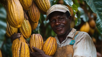 harvesting cocoa pods on a plantation as a farmer works in a rural setting focusing on the cultivation of cocoa for food production