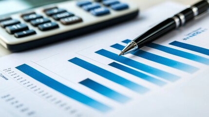 Fototapete - A close-up of a financial report with a bar chart printed on paper, highlighting key data points and trends with a pen and calculator beside it