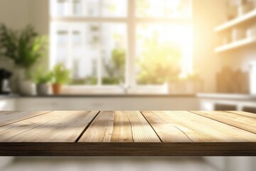 Beige Empty wooden table with the bright white interior of the kitchen as a blurred background behind the bokeh golden sunshine , ai