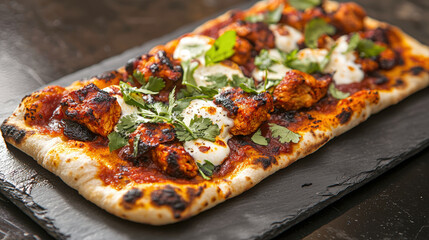 Delicious fusion dish combining Indian and Western elements, featuring flatbread topped with spiced chicken, rich tomato sauce, and fresh herbs