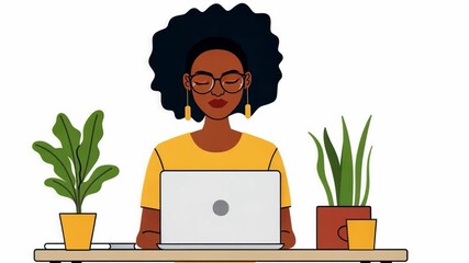 Aufkleber - A woman with curly, voluminous hair and glasses focuses intently on her laptop, surrounded by lush green plants, creating a vibrant workspace filled with natural elements.
