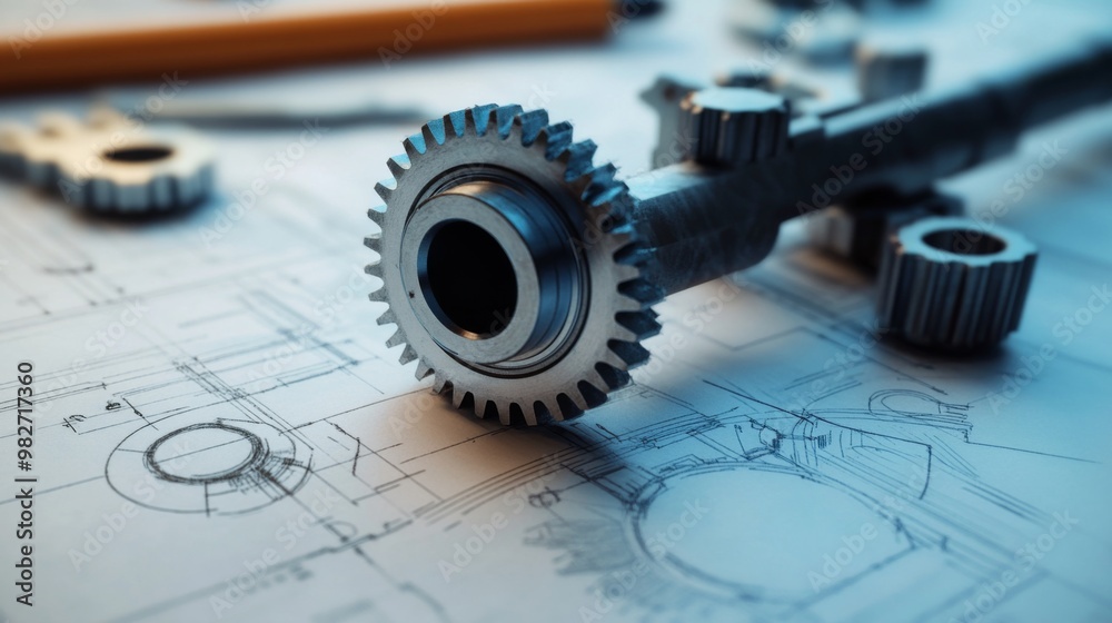 Close-up of mechanical gears and blueprints, concept of engineering ...
