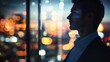 © Adi - Closeup portarit of man standing in office next to window at night double exposure with blurred bokeh light from the city