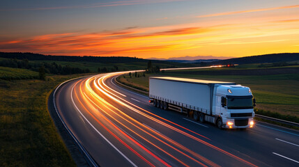 A truck drives along winding road at sunset, with vibrant light trails illuminating scene. landscape features lush greenery and distant mountains, creating serene atmosphere